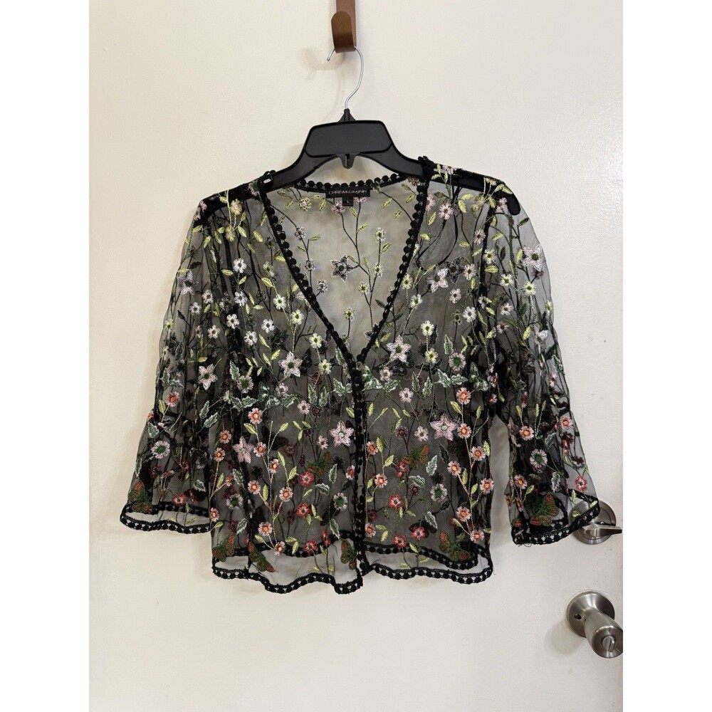 chris mclaughlin Floral Embroidered Sheer Black Kimono Top Large 3/4 Bell Sleeve - Picture 8 of 12